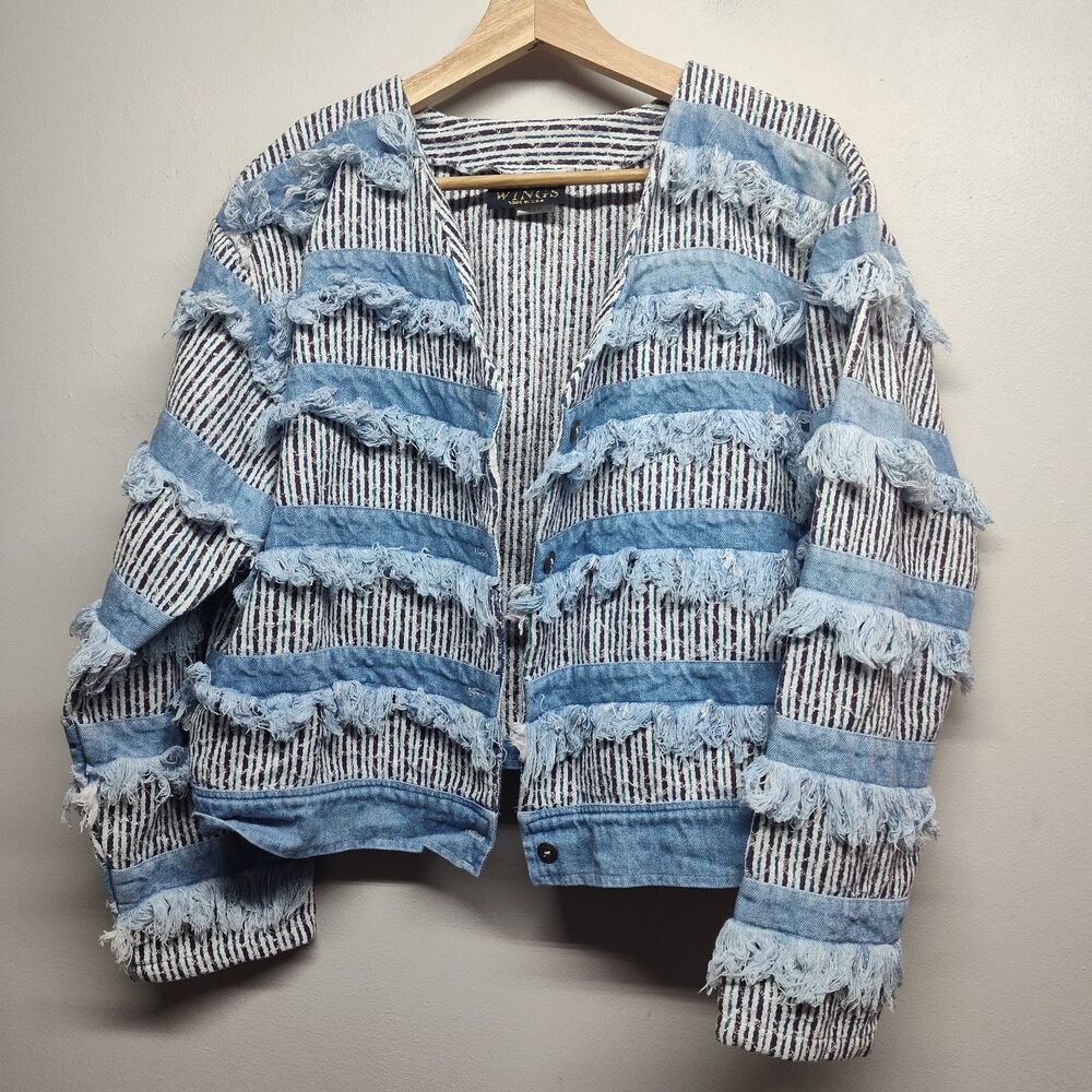 Wings Vintage Denim Jacket Women M Blue Fringe Short Retro Y2K Streetwear Artsy